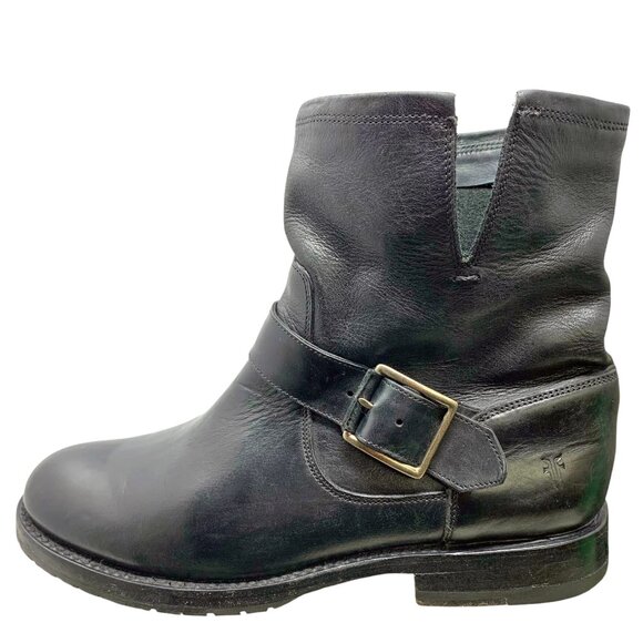 Frye Natalie‎ Black Leather Buckle Short Engineer Boots - Picture 4 of 13